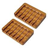 SAMEBUTECO Set of 2 Teak Wood Soap Dishes with Sloped Drain | Bar Soap Holder for Shower, Bathroom Sink, Kitchen | Natural Wooden Soap Saver Tray with Quick-Dry Grooves