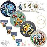 Picoey Modern Flower Heart Embroidery Kit for Beginners with Pattern and Instructions,4 Pack Cross Stitch Kits,2 Wooden Embroidery Hoops,Threads and Needles,Needlepoint Kit for Adults