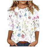 Tops for Women Trendy, Casual Work T Shirts Womens Spring 3/4 Sleeve Long Floral Fit T Shirts Trendy Scoop Neck Stretch Pleated Blouses for Women White