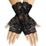 monochef Women Short Lace Gloves Sunblock Fingerless Bridal Wrist Floral Opera Evening Party Wedding Tea Prom Cosplay 1920s for Ladies and Girls, Black (Black)