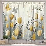 Ambesonne Spring Kitchen Curtains, Modern Scandi Art Tulip Flowers with Leaves and Dancing Butterfly Garden, Window Drapes 2 Panel Set for Kitchen Cafe Decor, 55" x 39", Earth Yellow Blue Grey