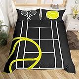 Tennis Court Print Duvet Cover Set Twin Size,Boys Ball Sports Games Themed Comforter Cover for Kids Boys Bedroom Gift,Yellow Tennis Racket Sporting Equipment Bedding Set with 1 Pillowcase, Polyester