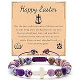 FRG Easter Basket Stuffers for Girls, Cross Charm Bracelet Easter Gifts for Womens Natural Stone Beaded Bracelet Christian Gifts for Girls Inspirational Jewelry (Cross-Bracelet)