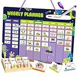 Weekly Planner for Kids - Magnetic Behavior Board Calendar with 237 Magnets, Storage Box, Easels, Hooks, Cord & Pen - Daily Routine and Chore Chart - Visual Schedule for Kids 3+ Year Old (Space Theme)