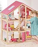 Tiny Land Wooden Dollhouse for Girls - 6 Rooms Wooden Doll House, DIY Pretend Doll House with 32Pcs Furniture Accessories, Creative Gift for Girl Ages 3+