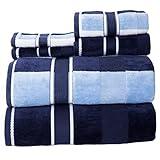 6PC Towel Set - Absorbent Cotton Bathroom Accessories with Bath Towels, Hand Towels, and Wash Cloths - Solid and Striped Towels by Lavish Home (Navy)