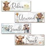 Thrist Highland Cow Decor Wall Art 4PCS Spiritual Healing Wall Decor Wooden Farmhouse Wall Art Picture Relax Soak Unwind Breathe Mental Health Wall Decor for Bathroom Dining Room Bedroom Living Room