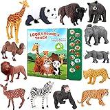 Tudoccy Safari Animals Figures Toys - 13 Realistic Wild Plastic Animal Figurines & Kids Sound Book - Educational Learning Toys Gift for 3 Years Old & Up Boys Girls Toddlers