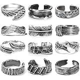 RIOSO 12Pcs Vintage Rings for Men Cool Adjustable Angel Wings Ring Goth Punk Open Ring Set