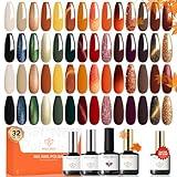 modelones 32 PCS Fall Gel Nail Polish Set, 28 Colors Gel Polish with No Wipe Base Coat, Glitter & Glossy & Matte Top Coat Yellow Orange Brown Nude Glitter Soak Off LED Nail Art Kit Salon at Home
