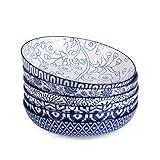 Selamica Porcelain 26 Ounce Pasta Bowls Set of 6, 8 inch Wide and Shallow Salad Bowls, Serving Bowls, Microwave & Dishwasher Safe, Sturdy & Stackable, Vintage Blue