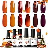modelones Gel Nail Polish Set, 6 Colors 2025 Fall Winter Thanksgiving Maple Burnt Orange Brown Maroon Burgundy Red Glitter Gel Polish Cherry Mocha Turkey Pumpkin Color Changing Nail Polish LED Gift