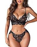 ADOME Women's Lace Lingerie Bra and Panty Set Strappy Babydoll Bodysuit S-XXL (XX-Large, 1Black)