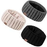 MUTKIS Winter Headbands for Women 3 Pack, Ear Warmers for Women Headband Wool Knit Thick Fleece Lined, Cold Weather Warm Ear Muffs(Black&Beige&Dark Gray)