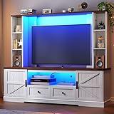 Entertainment Center with 2 LED Lights & Power Outlets, Large Farmhouse Wall Unit Entertainment Center for 60 Inch Television Stand, TV Stands for Living Room with Storage Shelf, White