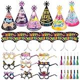 HOWAF New Years Eve Party Supplies -42pcs Happy New Year Cone Hats Fringed Noisemaker Headpieces Paper Eyeglasses for 2025 New Year Eve Party Decoration Favors, 2025 Decorations Kit for Kids Adults