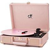 Vinyl Record Player 3-Speed Portable Suitcase Record Player with Built-in Speakers, Headphone Jack, RCA-Out/AUX-in, Vintage Belt-Driven Turntable, Pink & Rose Gold