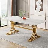 Tribesigns 63-Inch Rectangular Dining Table for 4 to 6, Modern Kitchen Table with Stylish Metal Trestle Legs, Large Dinner Table for Dining Room, Chair Not Included (White+Gold)