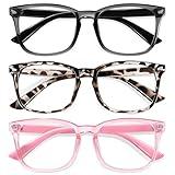 Okany Blue Light Glasses for Kids 3 Pack Blue Light Blocking Glasses for Girls Boys Computer Gaming Screen Glasses, Anti Glare Eyestrain Teen Fashion Glasses Age 3-10 (Grey Black+Leopard+Pink)
