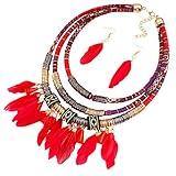 XY Fancy Feather Pendant Multi Layers Tribal Bib Necklace Statement Earring Jewelry Set