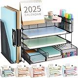 gianotter Desk Organizers and Accessories with File Holder, 4-Tier Desk Accessories & Workspace Organizers with Drawer and 2 Pen Holder, Paper Organizer for Office Supplies (Black)