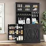 YITAHOME 71''H Kitchen Pantry Cabinet with Drawer, Doors, Goblet Holder, Wine Rack for Storage, Tall Cabinet with Power Outlet for Kitchen & Living Room (Black Oak)
