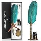 VANGOAL Vintage Green Feather Pen and Ink Set, Classic Series Goose Quill Pen with Carving Pen Stand, Calligraphy Pen Nibs, Black Dip Pen Ink, Antique Writing Gift for Writer