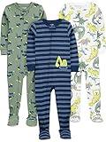 Simple Joys by Carter's Baby Boys' 3-Pack Snug Fit Footed Cotton Pajamas, Navy Stripe/Sage Green Construction/White Dinosaur, 12 Months