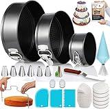 RFAQK 100pcs Cake Pan Sets for Baking + Cake Decorating Supplies: 3 Non-Stick Springform Pans Set (4, 7, 9 inches), Icing Tips, Cake Leveler – Multi-functional Leak-Proof CheeseCake Pan & eBook