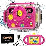 Ourlife Kids Underwater Camera, Selfie Waterproof Cameras Toys for Girls, 1080P 2.4'' Large Screen Cam with 8GB TF Card, Silicone Handle, Fill Light, Christmas Birthday Gift for Girls (Pink)