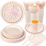 Ziliny 350 Pcs Ivory Plates and Napkins, 50 Guest Cream White Party Supplies Include Scalloped Paper Plates Napkins Cups Plastic Spoons Forks Knives Disposable Tableware Set for Weeding Bridal Shower