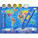 Qiaojoy Bilingual Interactive World Map for Kids Learning and Educational Toys, Talking Electronic Kids World Map i-Poster Geography Games Ages 3 to 12 Years Old, Custom Talking Birthday Gifts Card