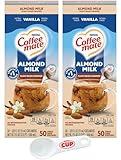 Nestle Coffee mate Plant Based Liquid Coffee Creamer Singles, Vanilla Flavored Almond Milk, 50 Ct Box (Pack of 2) with By The Cup Coffee Scoop