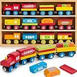 SYNCFUN Montessori Wooden Train Toy Set for Kids, 12PCS Magnetic Train Cars with Storage Gift Box, STEM Educational Toy for Boys & Girls, Ages 2-8 Years, Xmas Birthday Party Gift