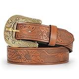 WOWOGO Women Men Western Belts Cowboy Cowgirl Country Belt Longhorn Bull Buckle Floral Embossed Belt for Jeans Dresses