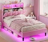 BTHFST Twin Bed Frames with Storage Headboard & Charging Station, LED Bed Frame Twin with 6 Shelves & Under Bed Storage, Velvet Upholstered Bed Frames for Kids Girls, No Box Spring Needed, Pink