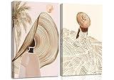 2Pcs Boho Woman Canvas Wall art Beige Abstract Minimalism Summer Girls Portrait Straw Hat Dress Line Gouache Painting Picture Wall Decor Poster Print Artwork for Living Room Bedroom