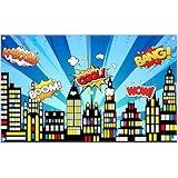 ZTHMOE 72x43inch Superhero Cityscape Backdrop American Comics Style Building Scenes Photography Background Birthday Party Cake Table Decorations Banner Photo Prop