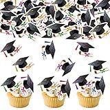 Fyeoxle 48pcs Edible Graduation Cap Cupcake Toppers Wafer Paper Multi Grad Cap Diploma Cake Decorations Edible Grad Cap Cupcake Picks for 2025 Graduation Theme Party Cake Decor Supplies