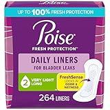 Poise Daily Liners, Incontinence Panty Liners, 2 Drop Very Light Absorbency, Long Length, 264 Count of Pantiliners (6 Packs of 44), Packaging May Vary