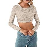 L-010 Beige Long Sleeve T Shirt for Women Fall Summer Boat Neck Slim Tunic Crop Going Out Sequin Bling Sexy Glitter Plain Tops Shirt Womens 2025 Clothes Country Concert Y2K PD S