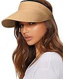 FURTALK Womens Sun Visor Hat Straw Sun Visors for Women Summer Packable Ponytail Beach Hats for Women Travel UPF 80+ Khaki