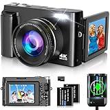 4K Digital Camera for Photography and Video, Autofocus 48MP Vlogging Camera for YouTube with 3'' 180°Flip Screen 16X Zoom Compact Travel Cameras with SD Card, 2 Batteries, Anti-Shake, Flash (Black)