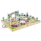Melissa & Doug 18-Piece Wooden Take-Along Tabletop Town, 4 Rescue Vehicles, Play Pieces, Bridge , 15.4 x 11.0 x 2.6