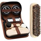 Deluxe Portable 7pc Shoe Shine Kit - Genuine Horsehair Brush, Black & White Shoe Polish - Suede & Leather Cleaning Kit for Sneakers, Boots