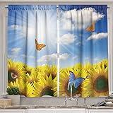 Ambesonne Sunflower Kitchen Curtains, Sunflowers in Meadow with Butterflies Floral Image Country Style Home Design, Window Drapes 2 Panel Set for Kitchen Cafe Decor, 55" X 39", Yellow Blue