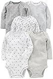 Simple Joys by Carter's Unisex Babies' Long-Sleeve Bodysuit, Pack of 5, Grey/White, 3-6 Months