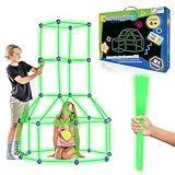 Fun Forts Glow Fort Building Kit for Kids - 81 Pack Glow in The Dark STEM Building Toys Indoor Outdoor Play Tent for Kids Construction Toys with 53 Rods and 28 Spheres