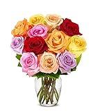 From You Flowers - One Dozen Rainbow Roses with Glass Vase (Fresh Flower Bouquets) Birthday, Anniversary, Get Well, Sympathy, Congratulations, Thank You