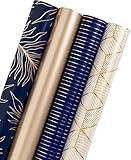 WRAPAHOLIC Wrapping Paper Roll - Gold and Navy Print with Cut Lines for Christmas, Birthday, Holiday, Father's Day, Baby Shower - 4 Rolls - 30 inch X 120 inch Per Roll